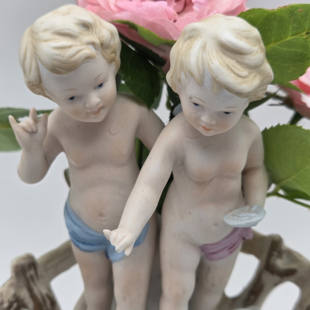 Vintage Baroque Porcelain Putti Centerpiece Planter With Cherubs Swans & Flowers - Picture 3 of 16